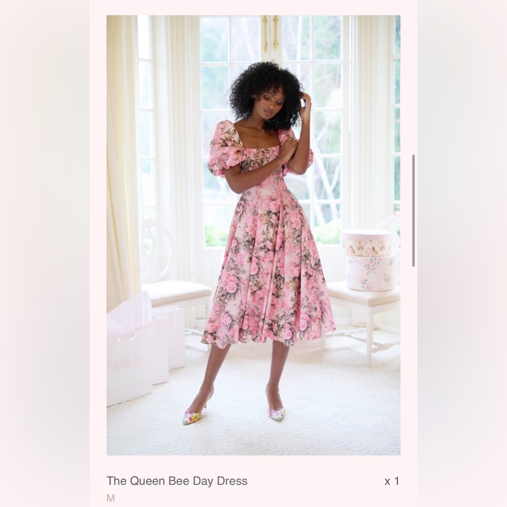 Selkie Queen Bee Day Dress - Size M, Pink Floral Midi Dress, NWT/Sold Out Style!